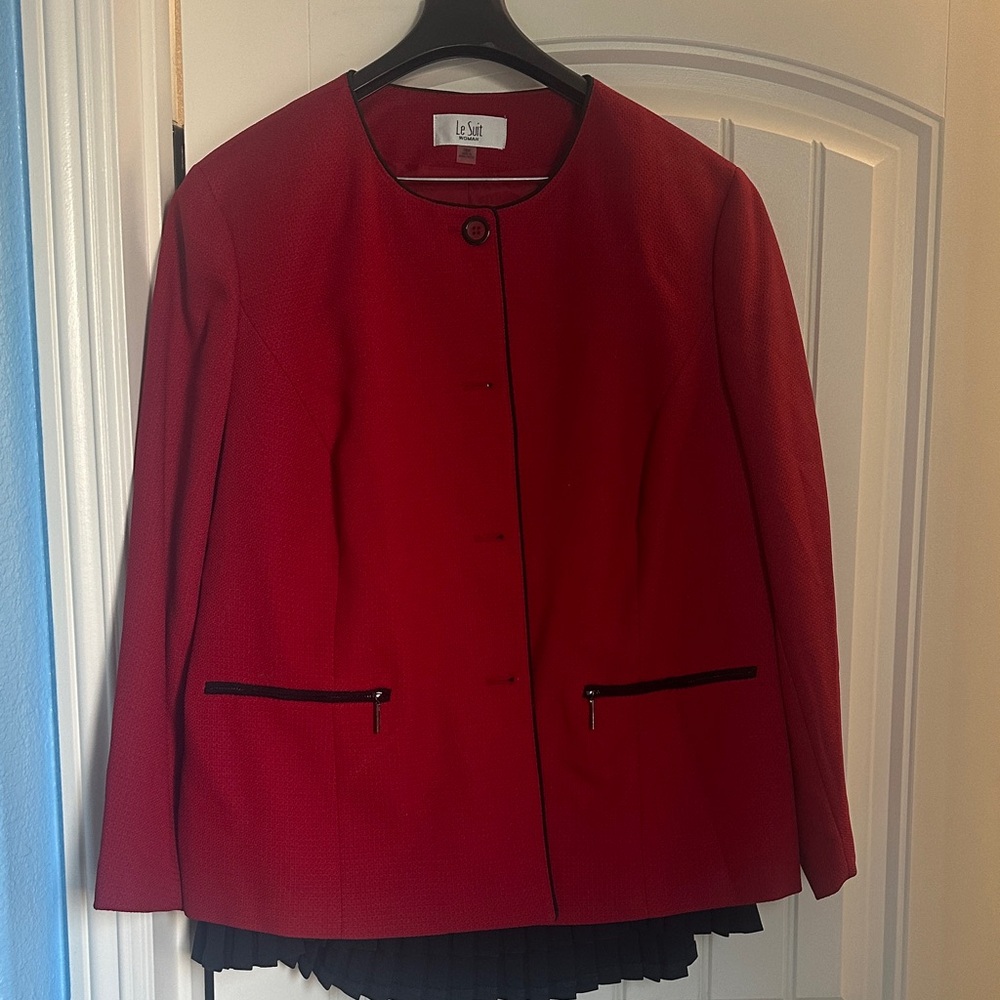 Le Suit Red Blazer with Black Accents and matching black pencil skirt